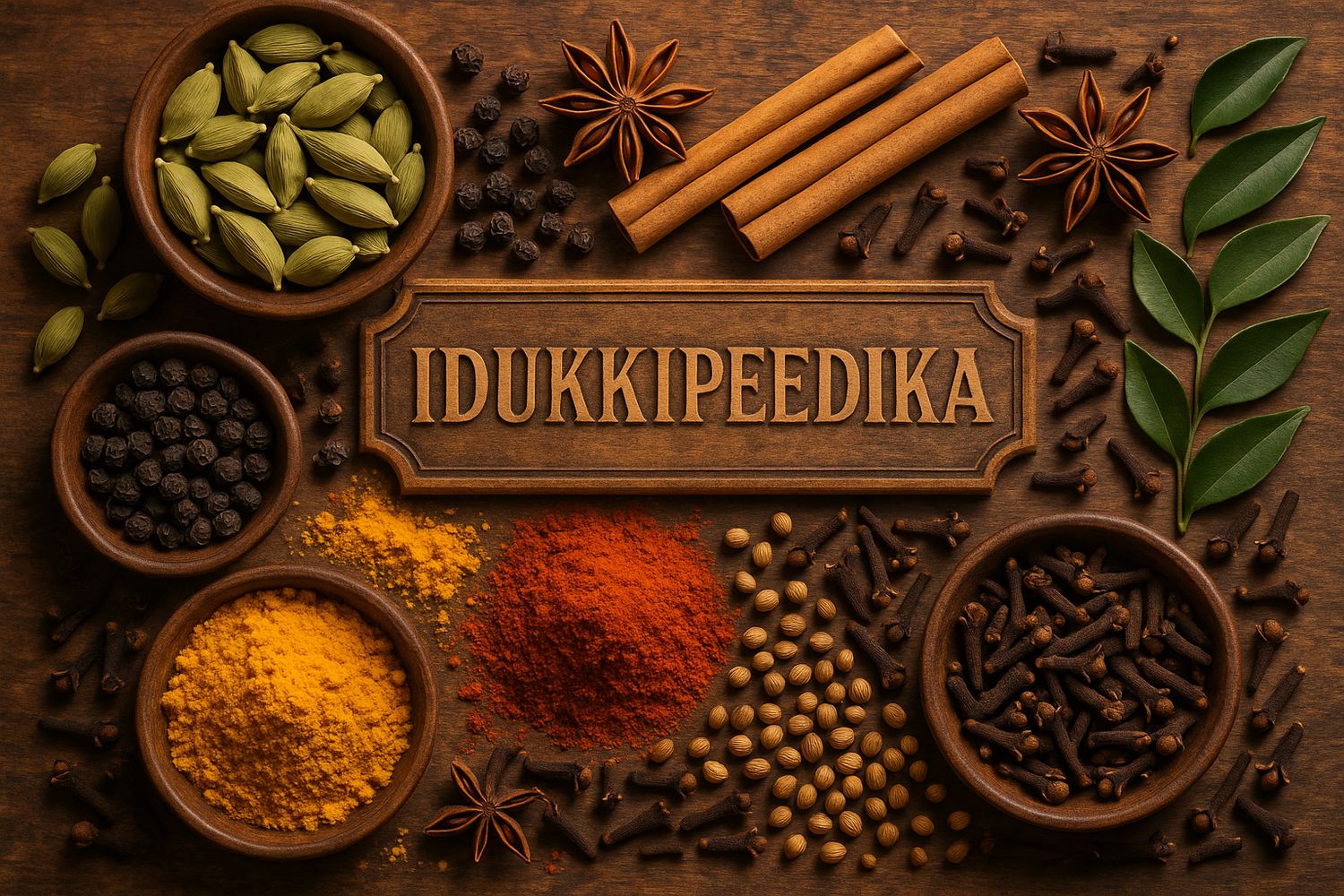 different kerala spices scattered and oru brand name idukkipeedika should be incroprated in that image